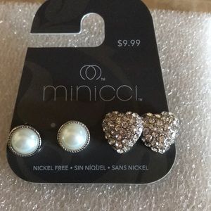 Pierced earrings set of two, pearl and hearts posts. New